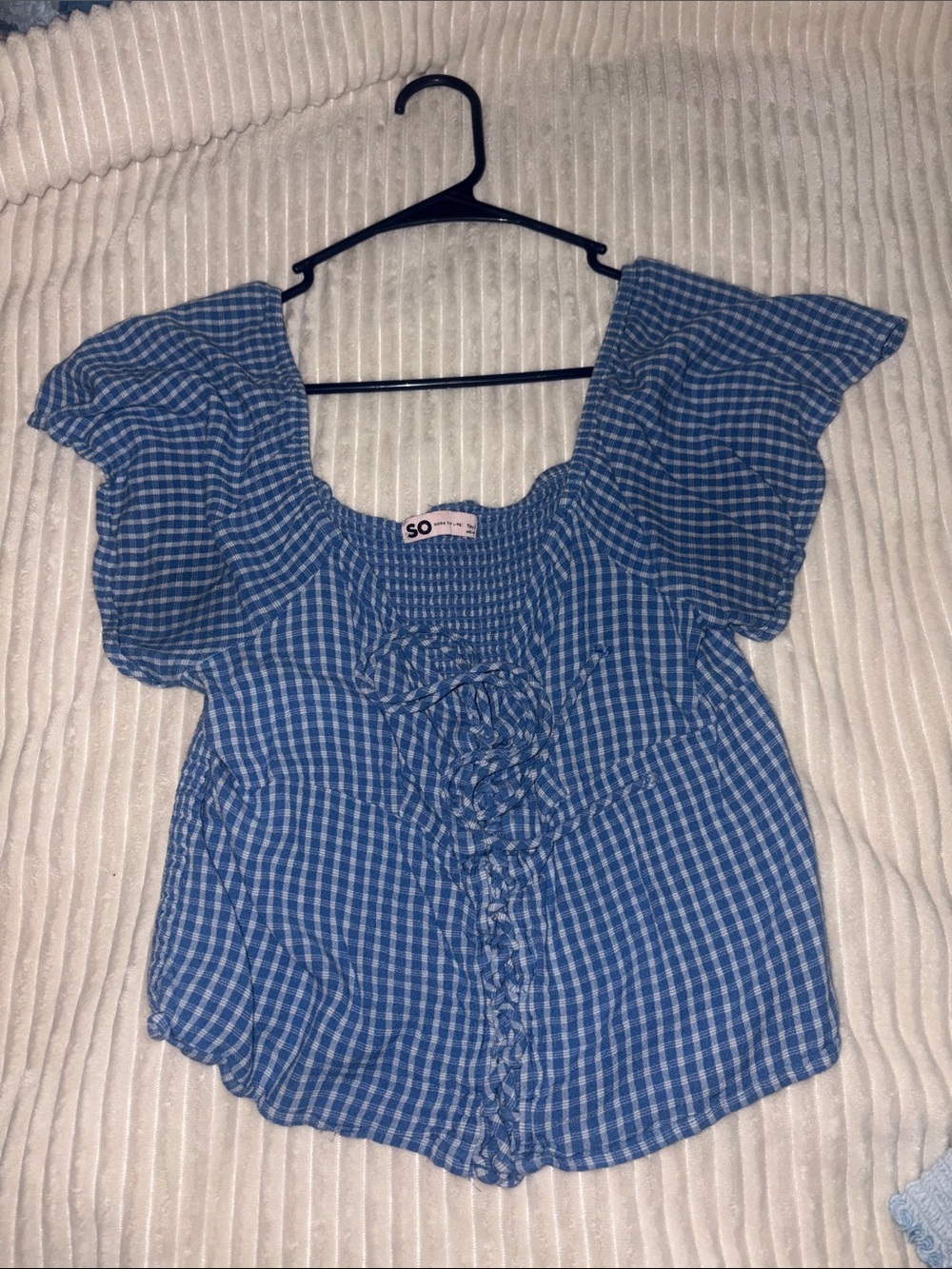SO Blue Gingham Tie-Front Puff Sleeve Blouse